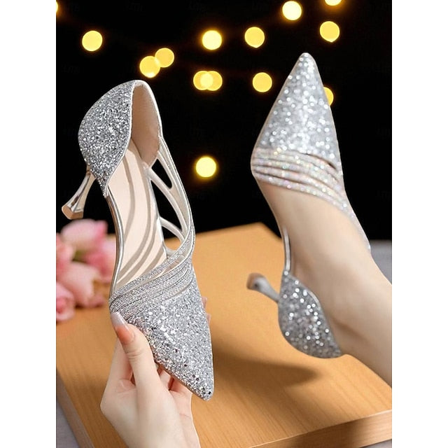 Gold Women's Toe Glitter High Strappy Pointed Heels -