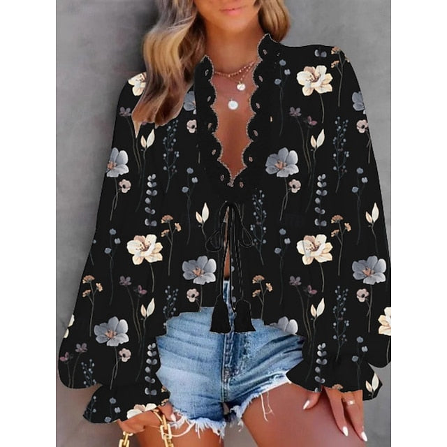 Women's Blouse Lace up Lace Floral Stylish Casual Long