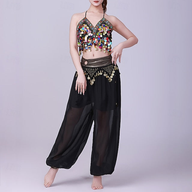 Latin Dance Top Gold Coin Pure Color Splicing Women's