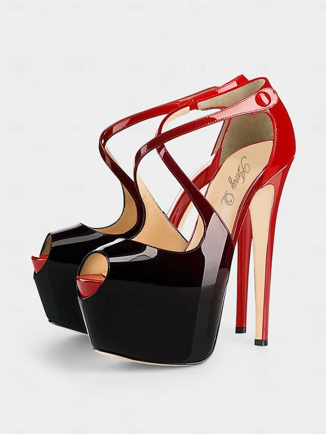 Patent Cross Red Black Stiletto Heels and Platform with Leather