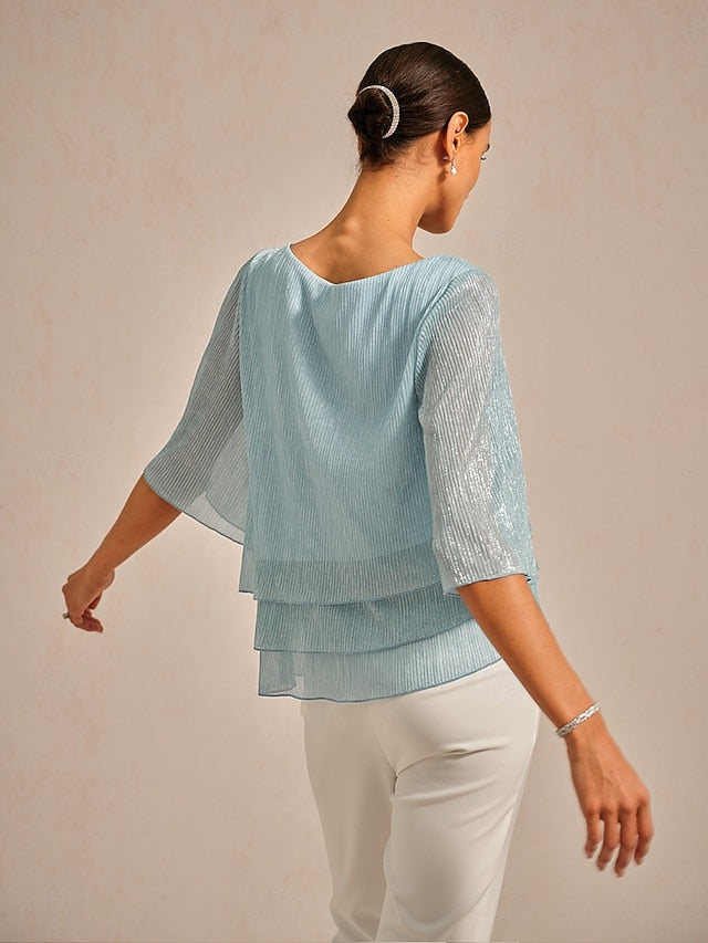 Women's Blouse Chiffon Tops Pleated Layered Metallic