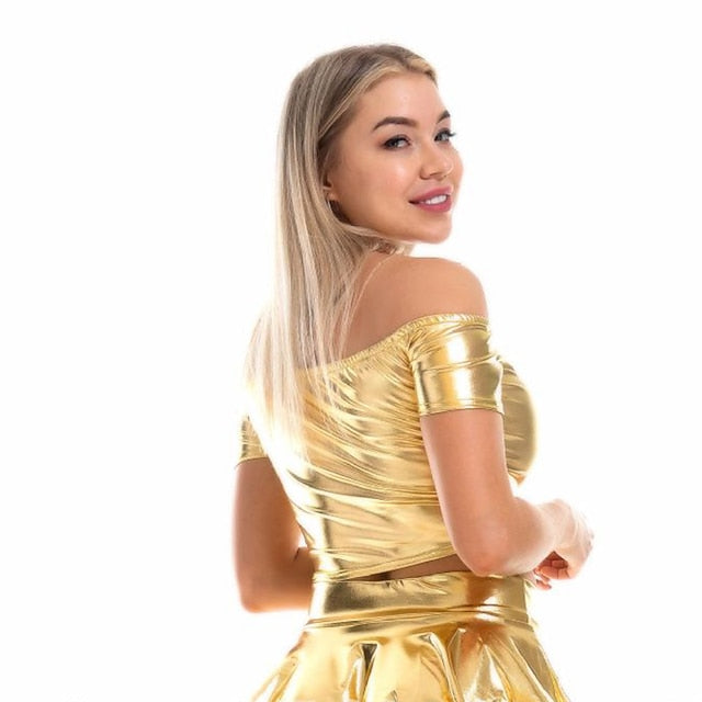 Metallic 1980s Shiny Latex Patent Crop Top PU Leather Off