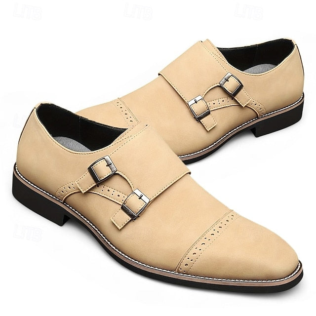 with Beige Leather Men's Strap Shoes Double Monk Faux