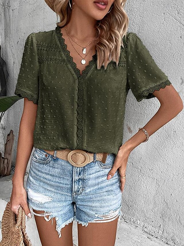 Women's Shirt Blouse Casual Lace Short Sleeve Regular Tops