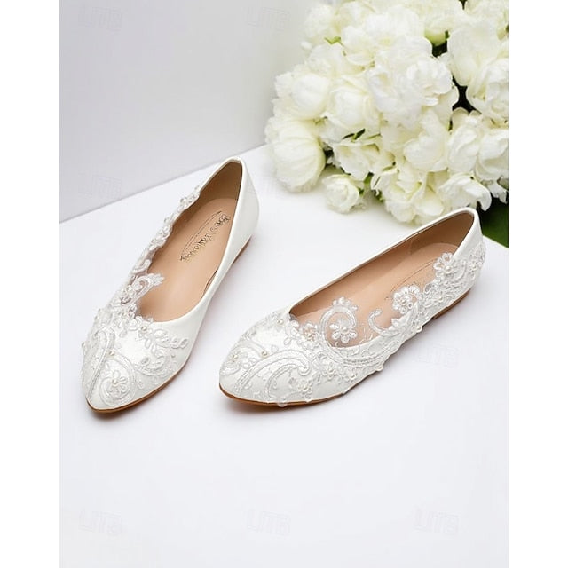 Embroidered Ballet Women's Vintage Lace – White Flats