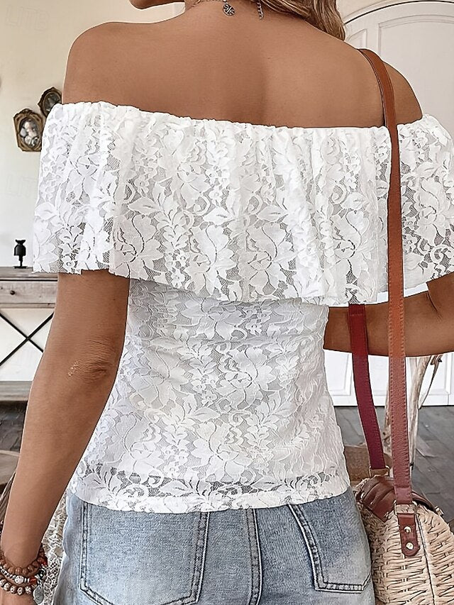 Women's Blouse Lace Tops Lace Plain Stylish Short Sleeve