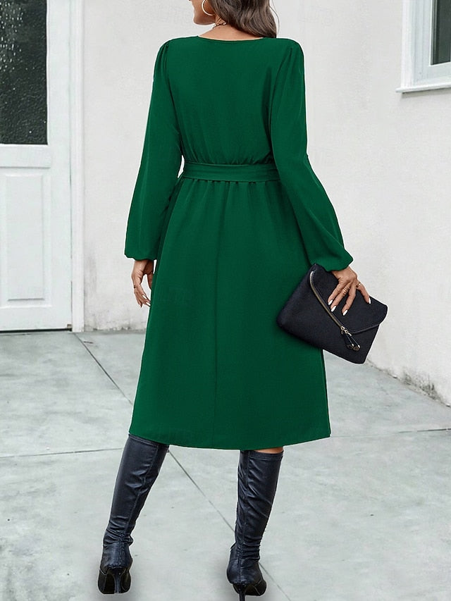 Women's Midi Dress Elegant Dark Green Long Sleeve Belted