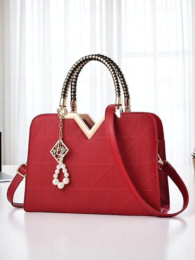 Women's Faux Leather Handbag with Pearl Pendant – Elegant