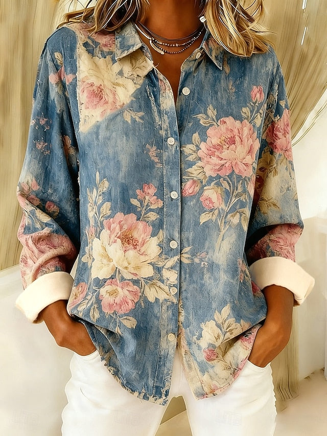 Women's Shirt Buttons Print Floral Bohemia Casual Long