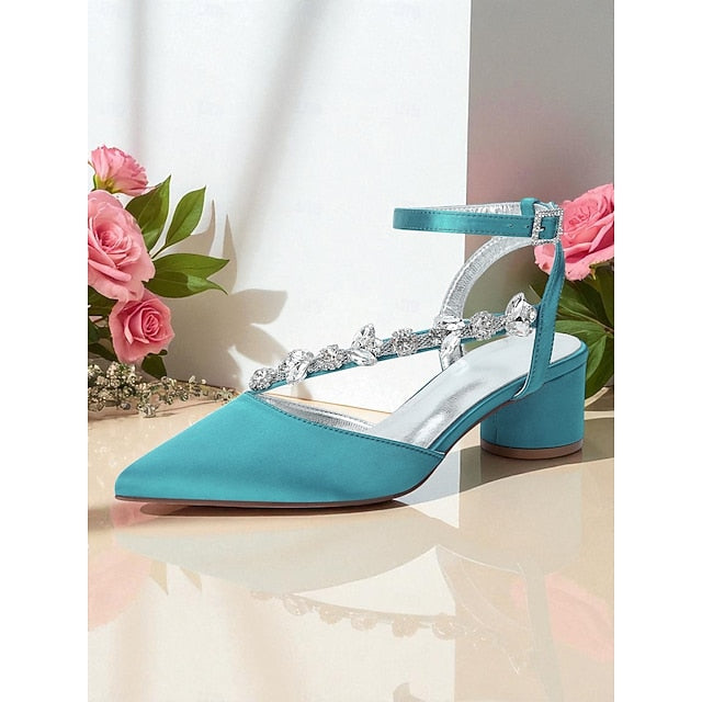 Heel Women's Purple Pumps Satin with Block Rhinestone