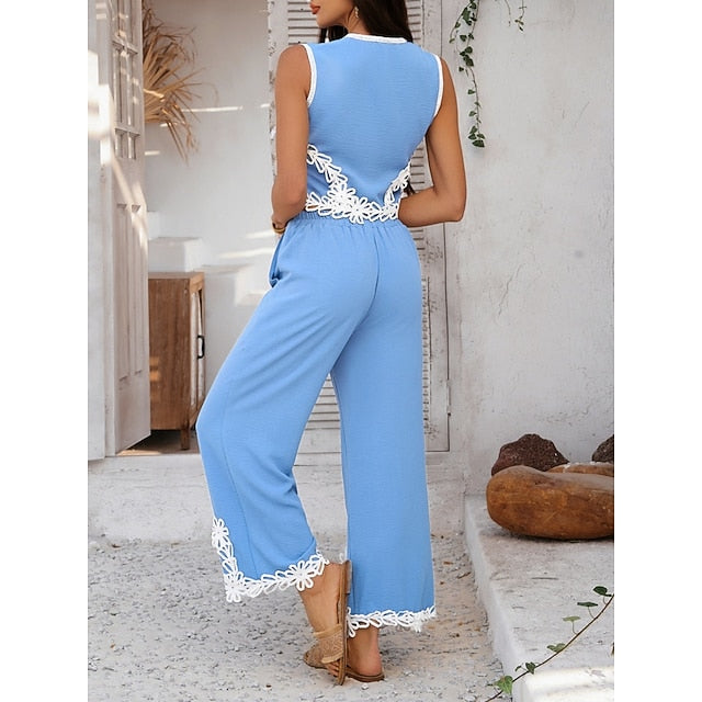 Women's Shirt Pants Sets Sleeveless V Neck Solid Color Lace