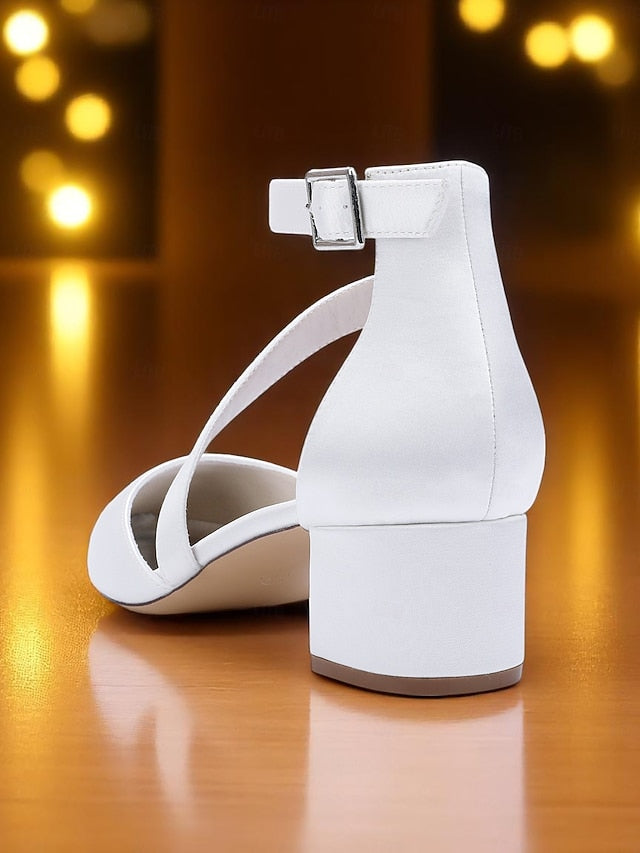 Satin Champagne - Block Toe Women's Heels Pointed
