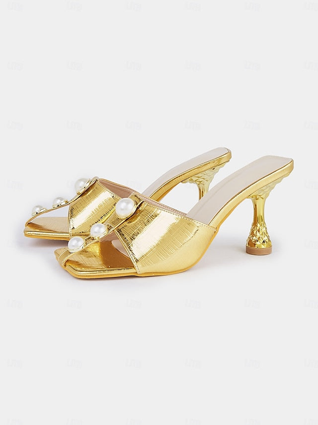 Gold Mules Pearl Elegant – Women Detailing for with Open-Toe