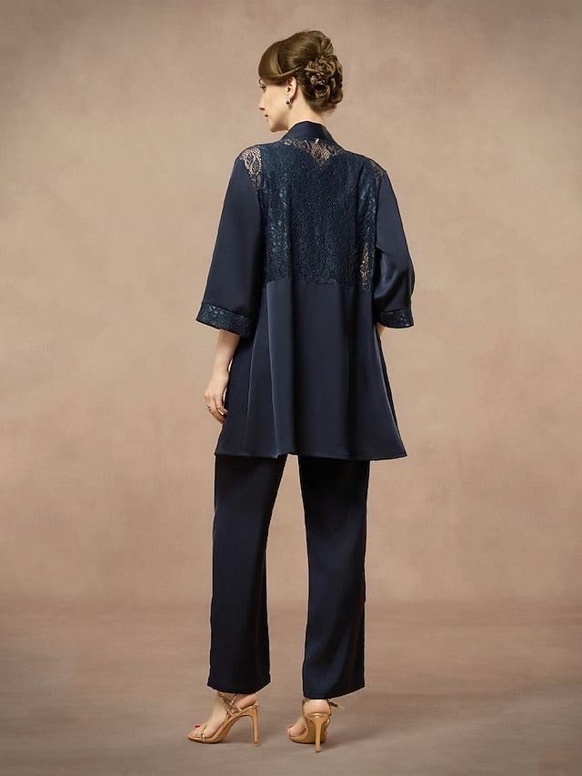 3 Piece Mother of the Bride Pantsuit Metalic Floral Lace