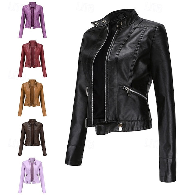 Jacket Pocket Leather Women's Zipper Faux Comfortable