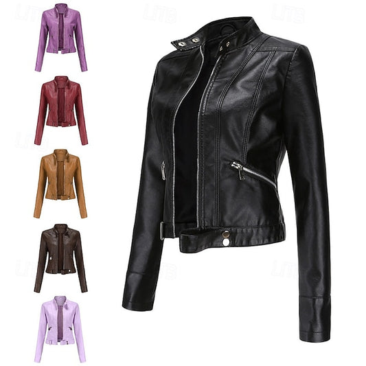 Jacket Pocket Leather Women's Zipper Faux Comfortable