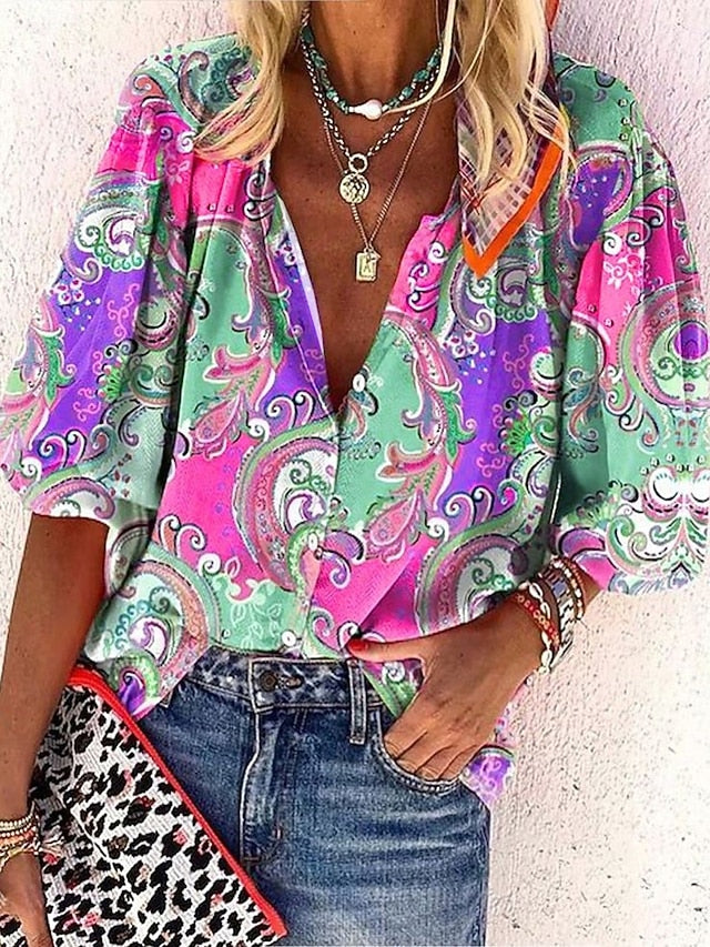 Women's Blouse Buttons Print Graphic Paisley Color Block