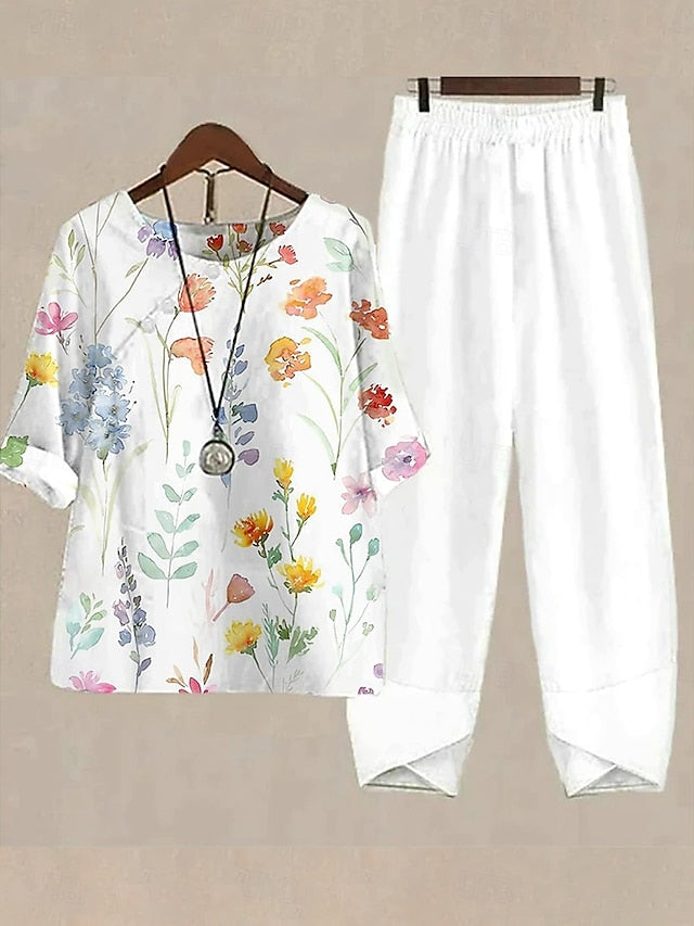 Women's Shirt Pants Sets Half Sleeve Round Neck Ombre