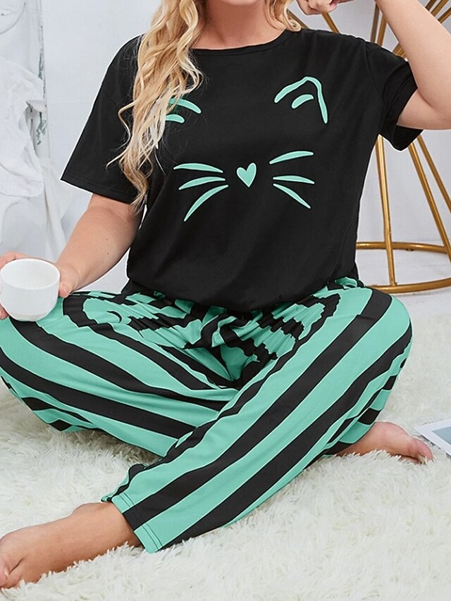 Women's Blouse Pants Sets Short Sleeve Crew Neck Cat