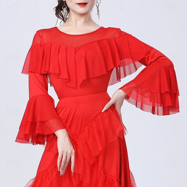 Latin Dance Top Ruffles Pure Color Splicing Women's