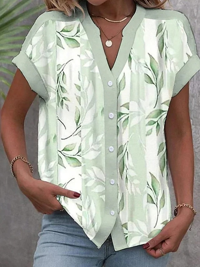 Women's Shirt V Neck Button Down Blouse Summer Tops Floral