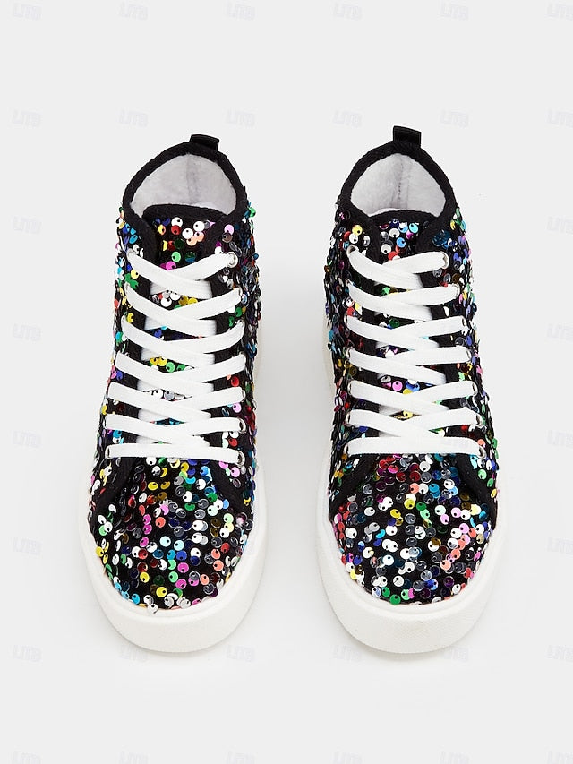 Women's Mardi Gras Black Colorful Sequin High-Top Sneakers