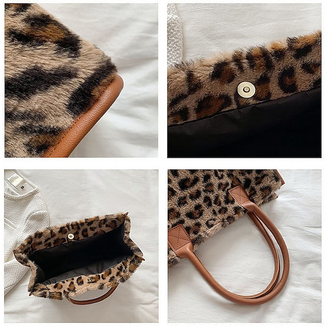 Leopard Bag Fur Brown Leather Women's Faux Print with Tote