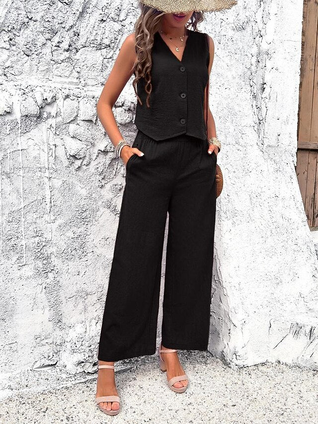 Women's Cotton Blend Vest Layered V-Neck Top Buttoned Crop