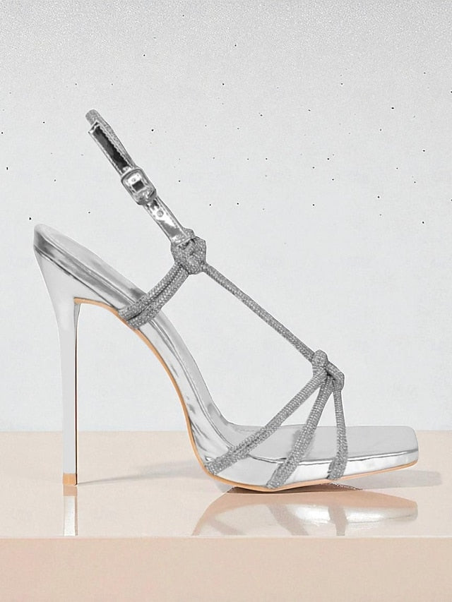Toe with Heels Rhinestone Women's Stiletto Strappy Square