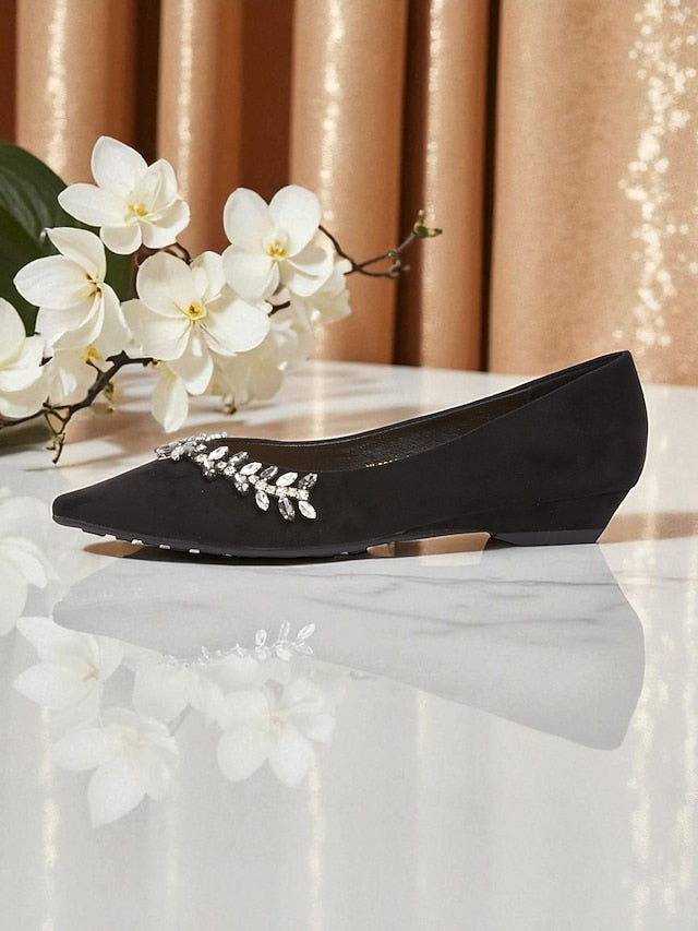 Rhinestone Suede Flats Toe Black Pointed with Women's