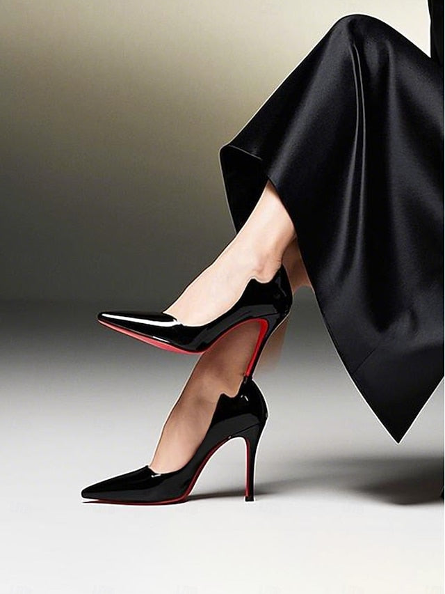 Leather – Toe Red High Heels Pointed Patent Soles Black with