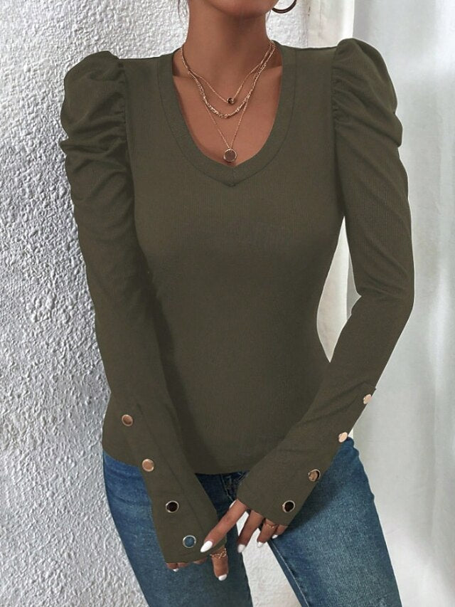 Women's Ribbed Knit Tops Patchwork Buttons Solid Color