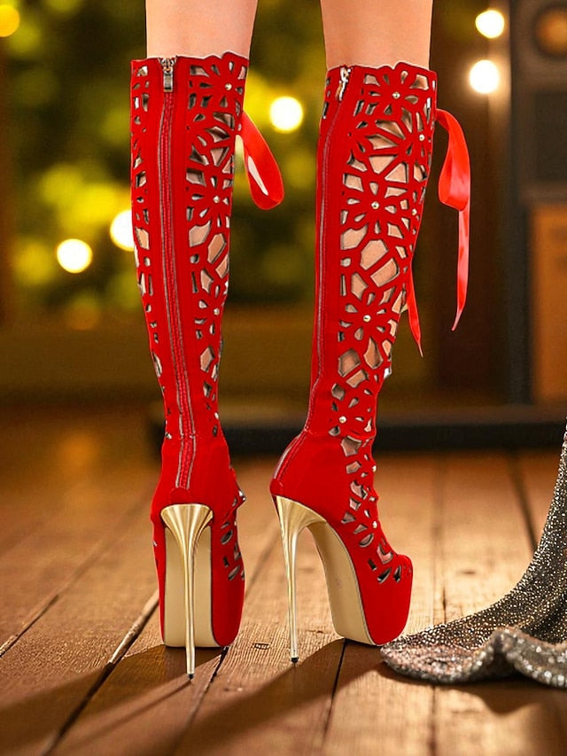 Stiletto Platform High Women's Sexy Cutout Peep Boots Knee