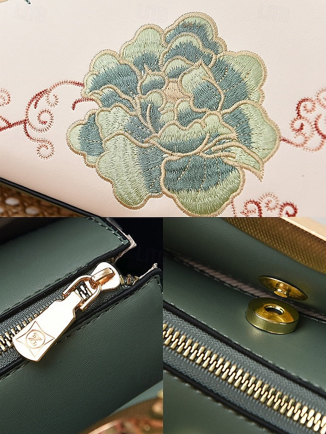 Women's Embroidered Faux Leather Handbag with Scarf Accent