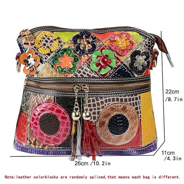 Damen Leder Schultertasche Bohemian Bunt Patchwork - Tasche