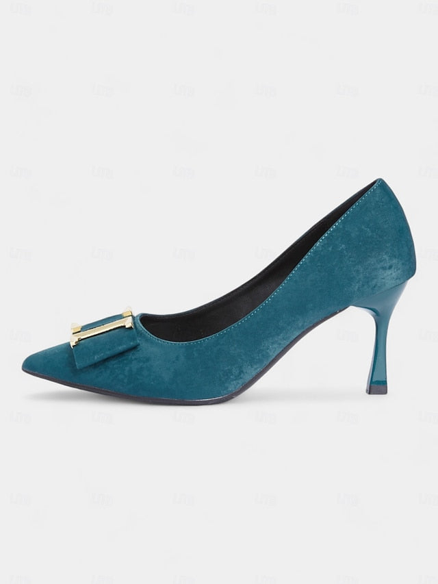 Heel Pointed Pumps Toe Elegant Teal Kitten Velvet Women's -