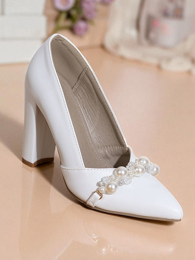 Pearl Heel Decor Block Pumps Women's White