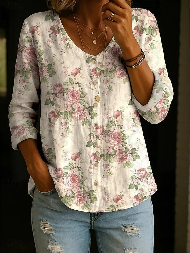 Women's Blouse Buttons Print Floral Elegant Vacation