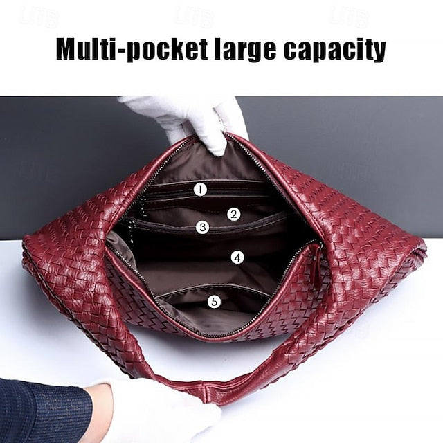 Woven Bag Faux – Burgundy Leather Hobo Women's Chic