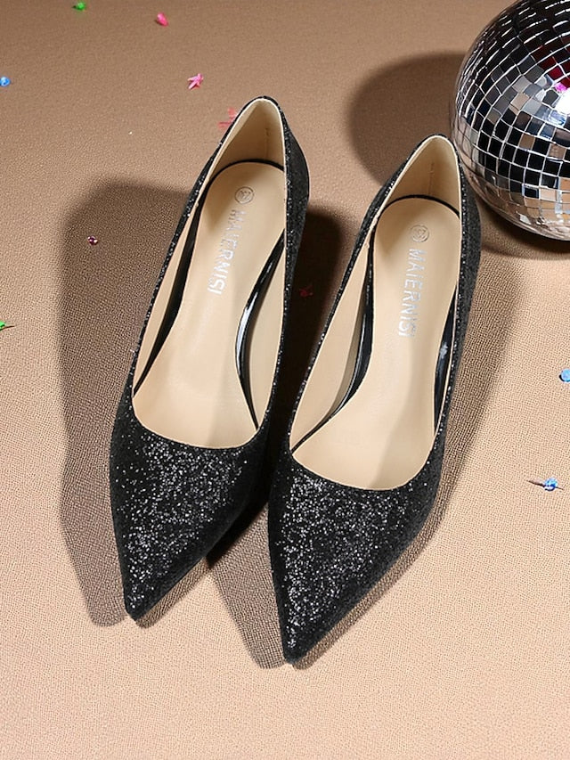 Women's Stiletto Sparkly Pumps Gold Pointed-Toe Glitter -