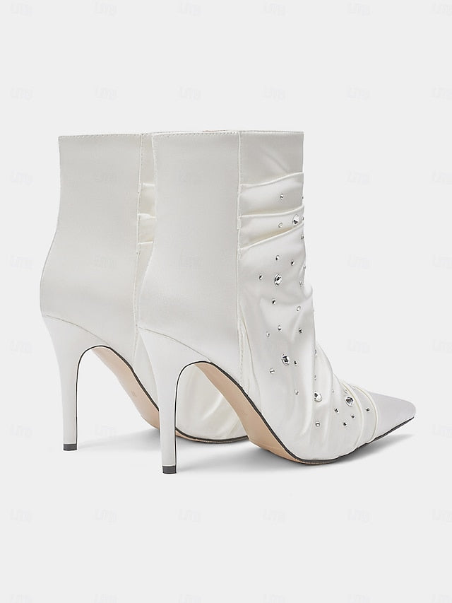 Rhinestone Satin Boots Ankle Women's White with