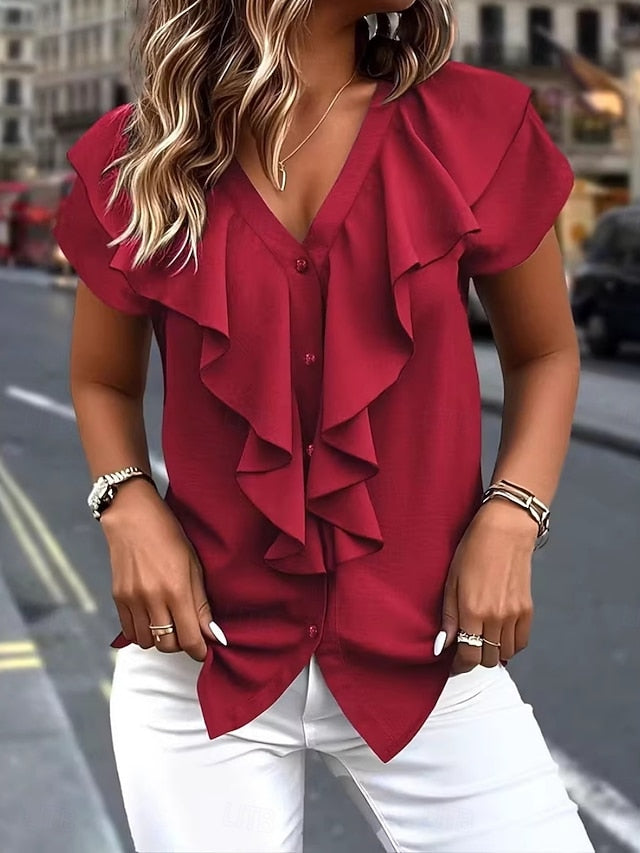 Women's Shirt Blouse Chiffon Tops Ruffle Shirt Ruffle Plain