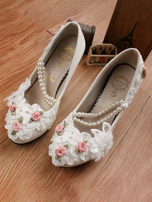 Bridal Pearl Heel Shoes Low for Embellished Strap Floral White
