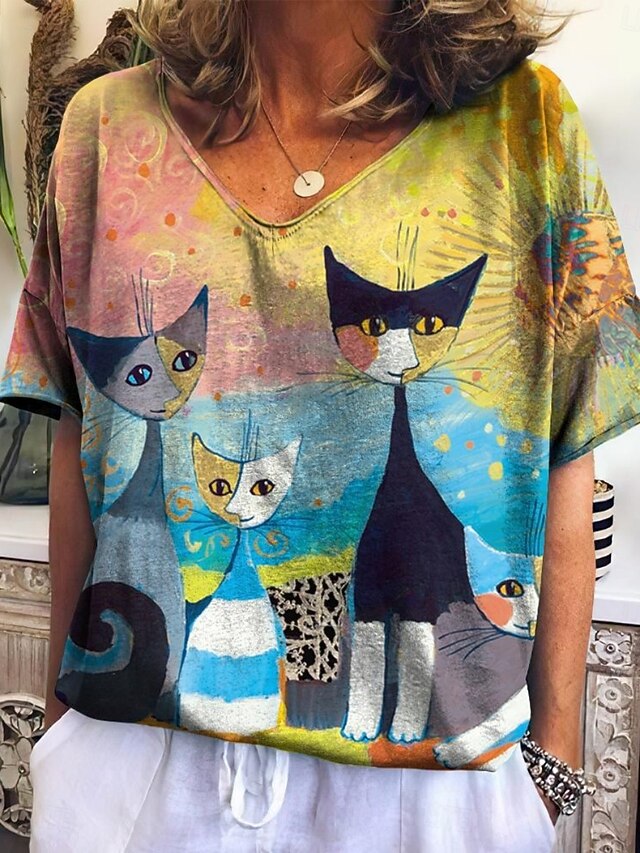 Women's T Shirt Floral Cat Fashion Modern Casual Short