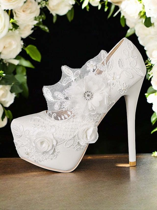 White Lace Wedding with Shoes Floral Embellishments