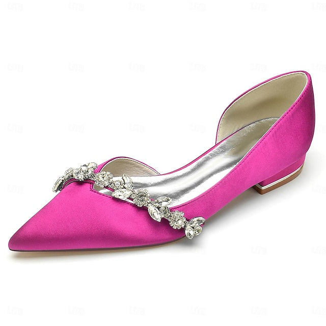 White Satin Flat Shoes Crystal Pointed Wedding with and Toe