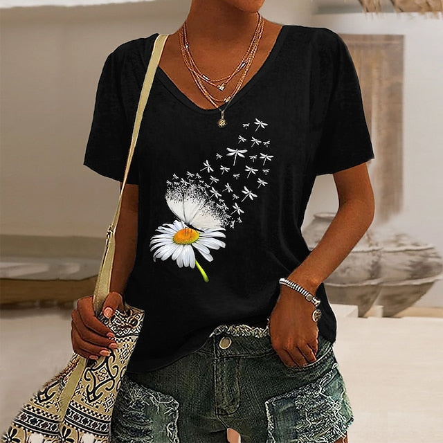 Women's T Shirt Butterfly Dandelion Basic Short Sleeve V
