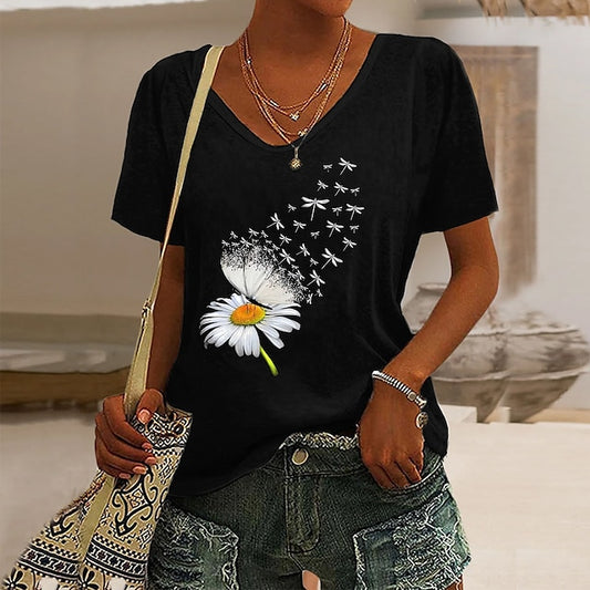 Women's T Shirt Butterfly Dandelion Basic Short Sleeve V