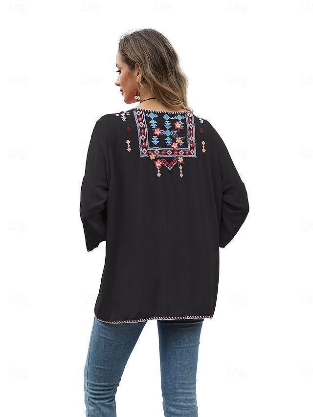 Women's Boho Shirt Embroidered Solid Color Floral Bohemia