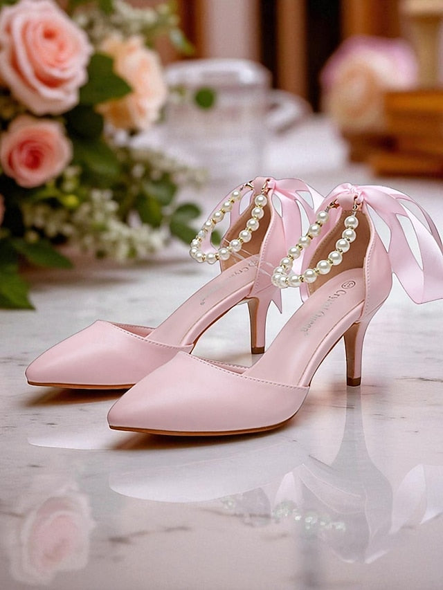 Kitten Pumps with Strap Women's - Pearl Ankle Bow Heel Blue
